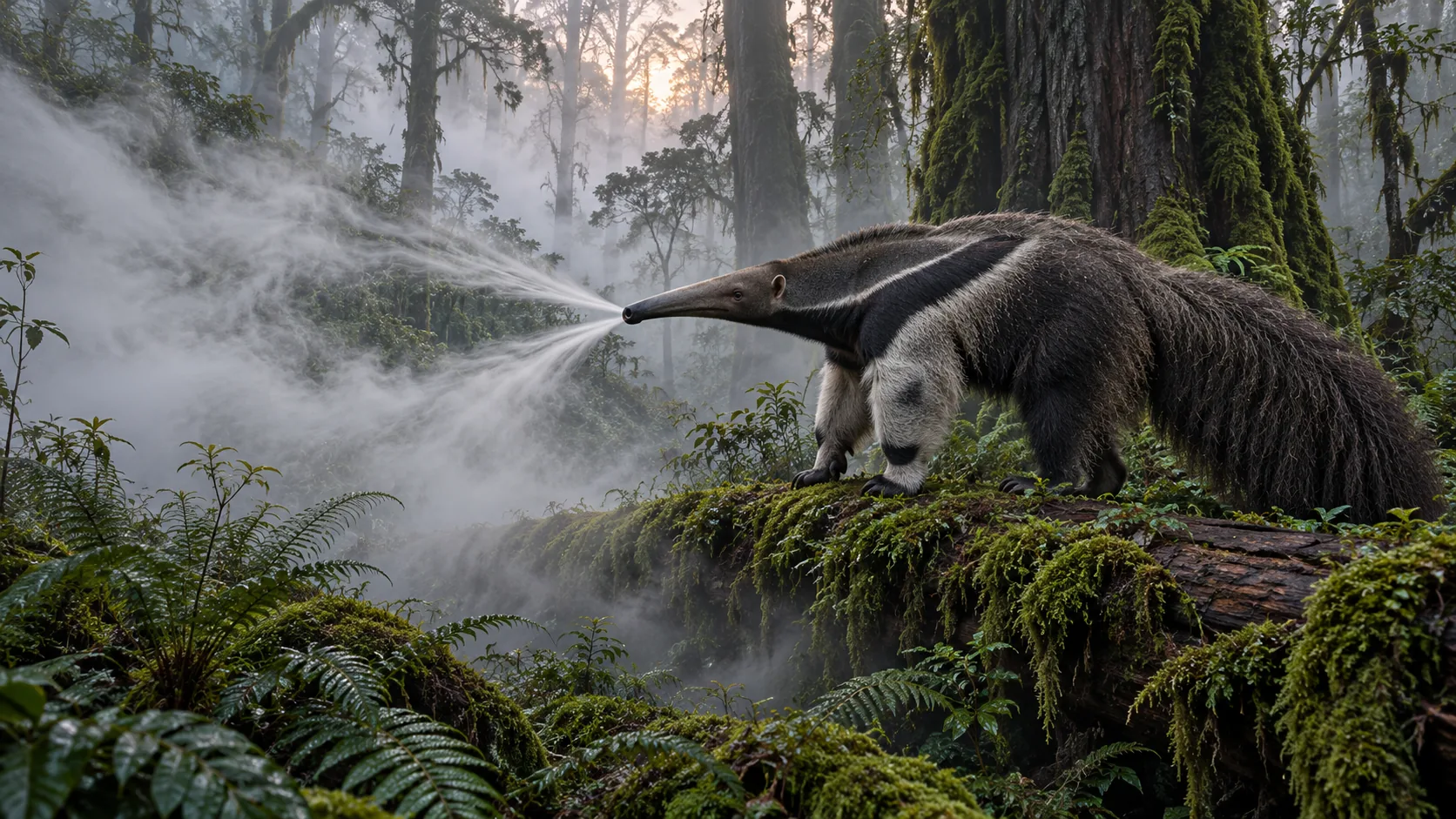 A giant anteater on a mossy log, sucking a stream of fog out of the forest through its snout. The view clears where it has eaten.