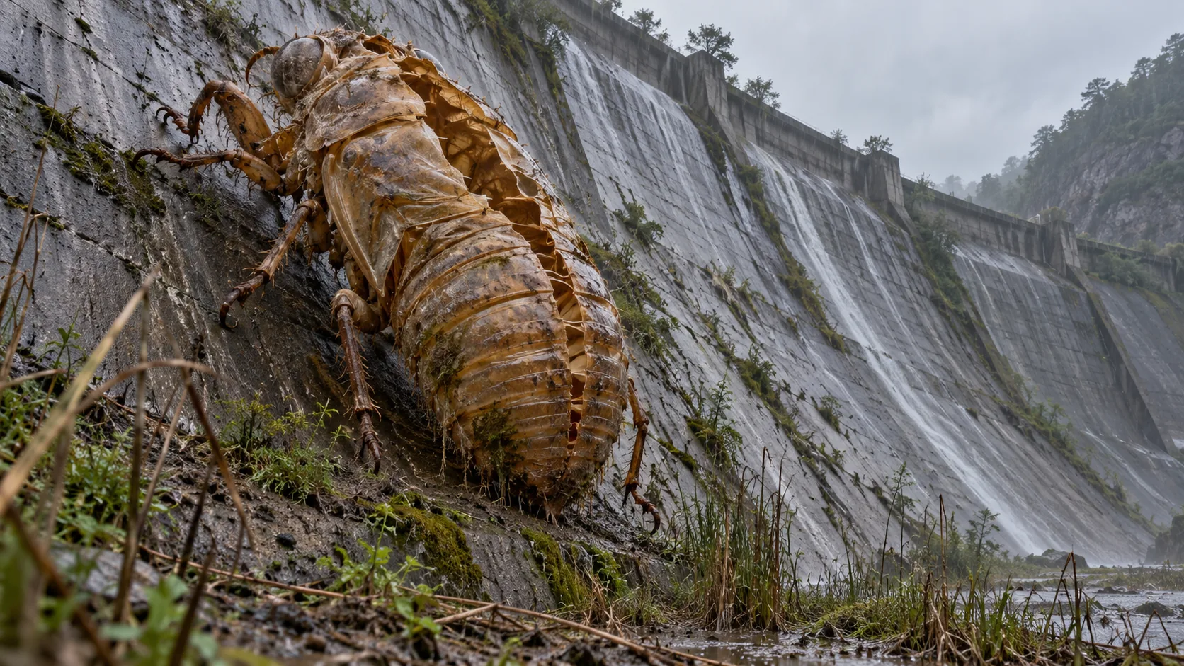 On the concrete face of a dam spillway, an empty cicada shell the size of a car clings on, split down the back. Whatever came out of it is somewhere nearby.