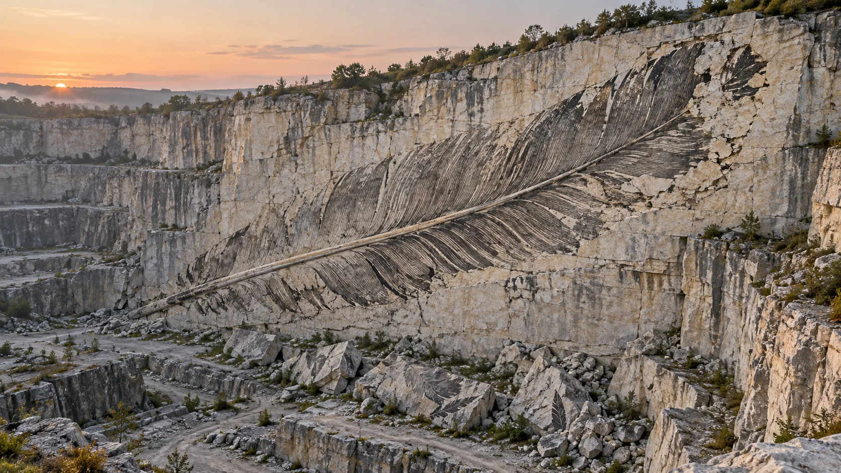 The wall of a white stone quarry holds the fossil of a single feather the size of the cliff, lit by sunrise. The rest of the bird is presumably further in.
