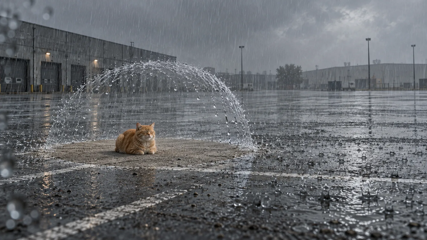 In a downpour over a wet car park, a ginger cat sits dry inside a clear dome, the rain sliding off it in a perfect circle. Cats do not do wet.