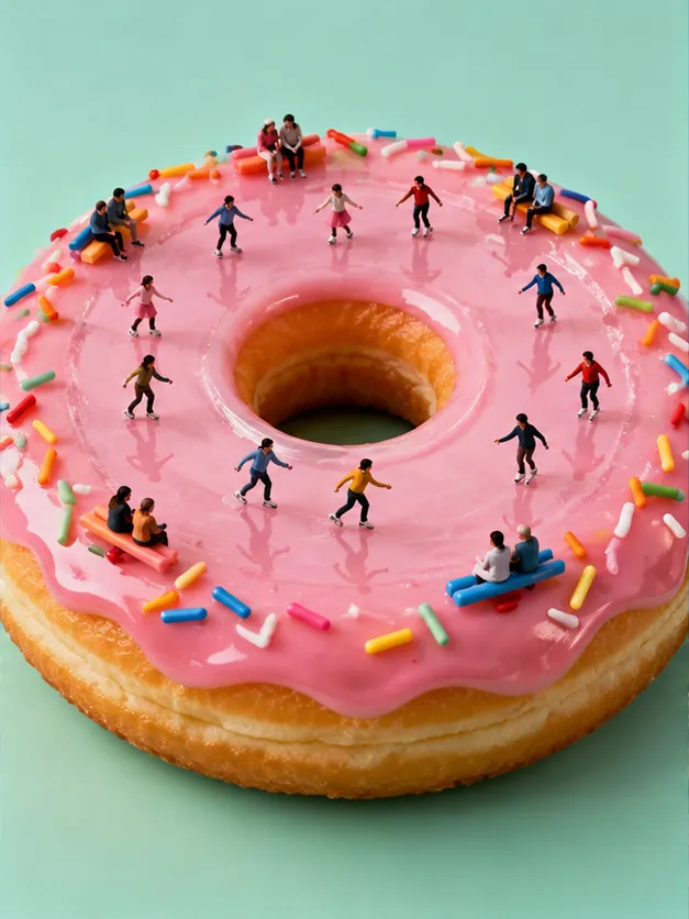 Tiny ice skaters loop around the pink frosting of a sprinkled doughnut. The sprinkles are the hard part.