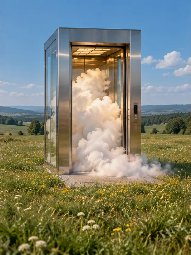 A steel elevator stands alone in a meadow, doors open, full of cloud. Nobody has pressed a button.