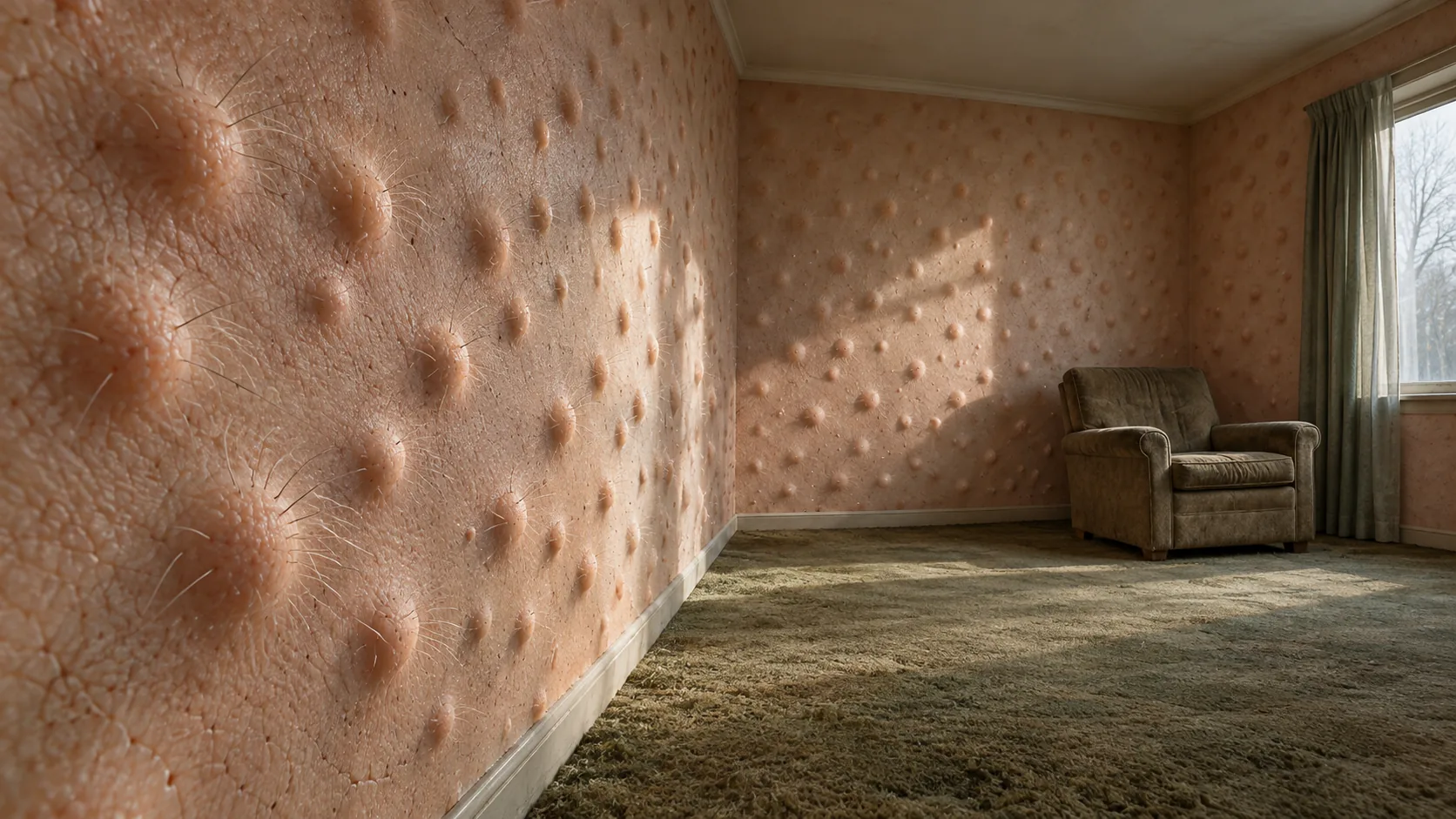 In an old peach-painted living room with one armchair, the walls are covered in goosebumps with fine hairs standing up from them. The heating is off, or the room heard something.