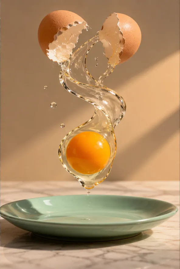 An eggshell cracks open in midair, the white twisting like glass ribbon as the yolk drifts toward a pale green plate.