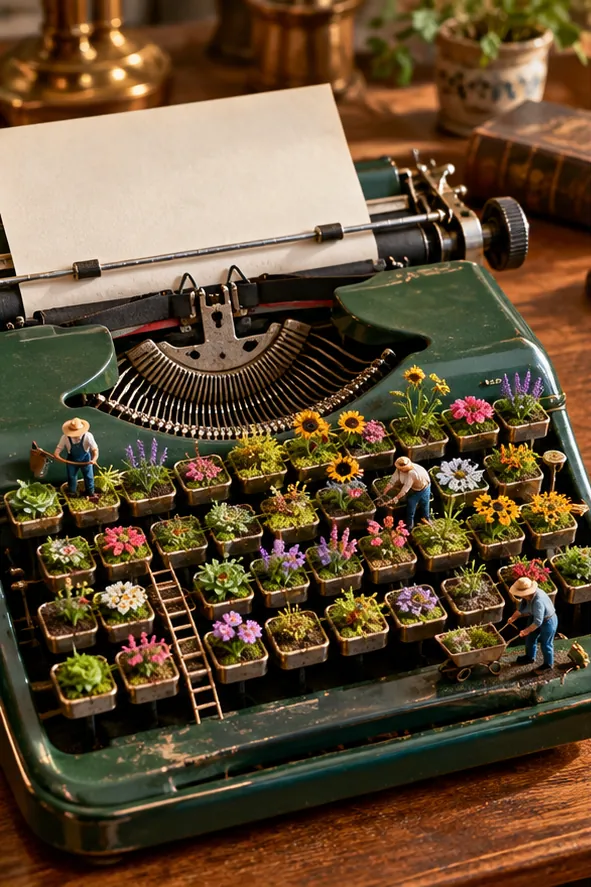 A green vintage typewriter has a flower bed for a keyboard, tended by tiny gardeners with ladders and a wheelbarrow.