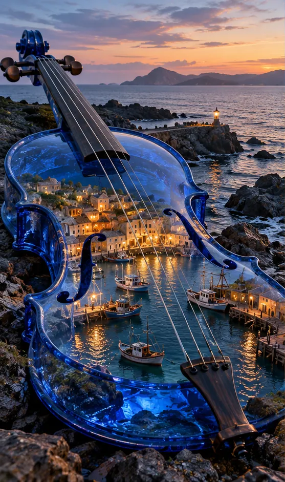 A cobalt glass violin lies on a rocky shore at dusk, holding a lit harbour town and its boats inside the body.
