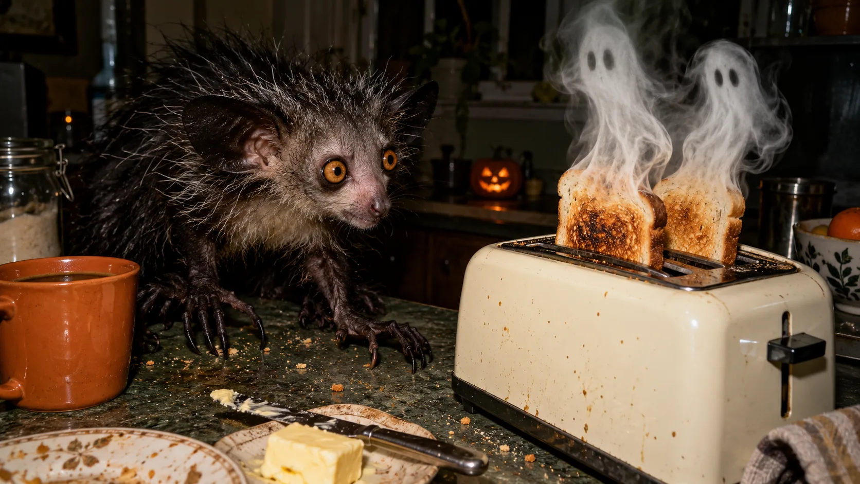 On a cluttered kitchen counter, two slices of toast pop up from a cream toaster trailing smoke shaped like two little ghosts, while a wide-eyed aye-aye watches from beside the mug. It wanted it lightly done.