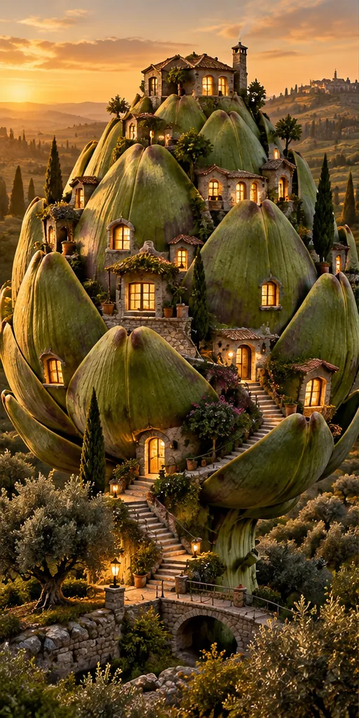 A hillside village of houses built into giant artichoke leaves, with lit windows and winding steps at golden hour.
