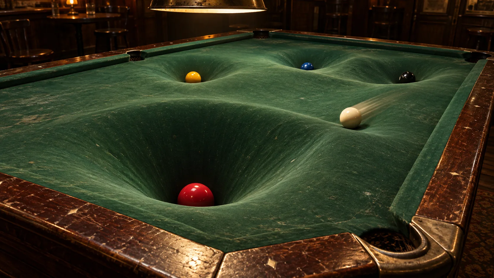 On a pool table in a dark bar, each ball sinks into the green felt like a weight on a rubber sheet, and the white rolls in towards the red. Physics did the break.