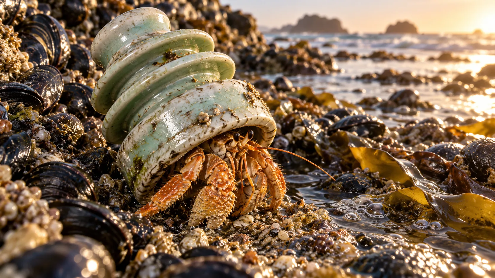 A hermit crab on a mussel-covered shore wears a pale green glass insulator as its shell, ribs and all. It is very well insulated.