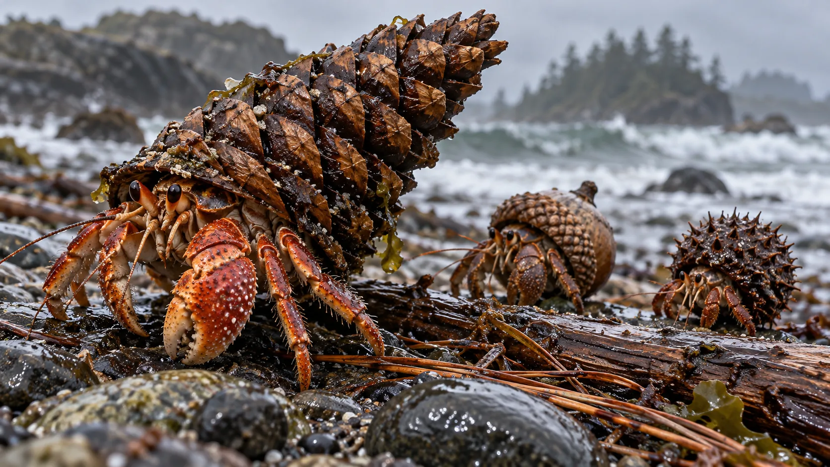On a wet pebble beach below pine trees, hermit crabs wear pinecones and spiny seed pods as shells. The big one has upgraded considerably.