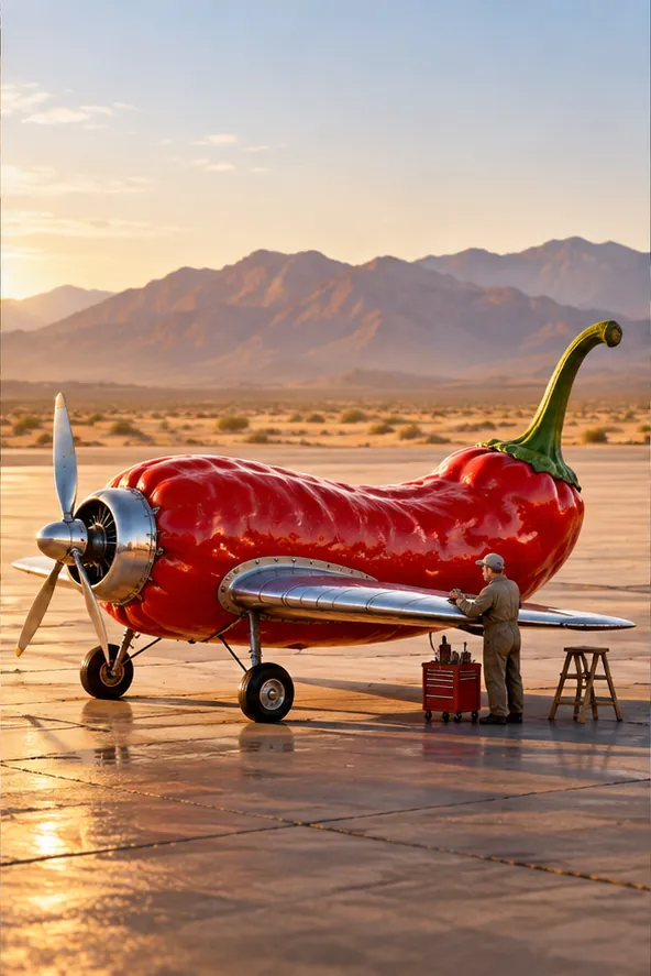 A red chilli pepper fitted out as a propeller plane waits on a desert airstrip while a mechanic checks the engine.