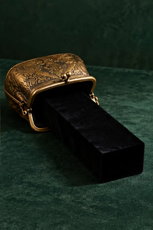 An ornate brass coin purse lies open on green velvet, a long black velvet bar sliding out of it. Whatever it bought, nobody is saying.