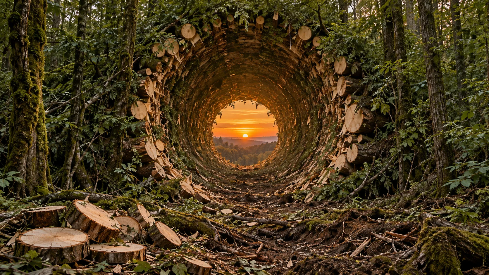 A round tunnel cut straight through the forest, its walls made of sawn log ends, opening onto a sunset at the far end. Count the rings and you get there.