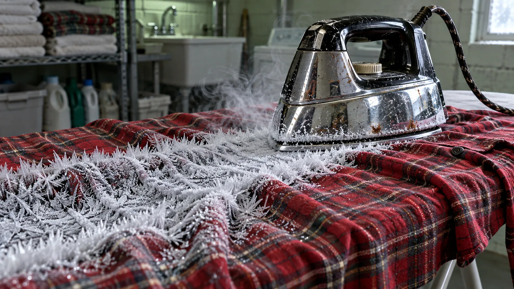 A chrome iron on a tartan shirt leaves a wake of frost crystals instead of steam. Crisp is one word for it.