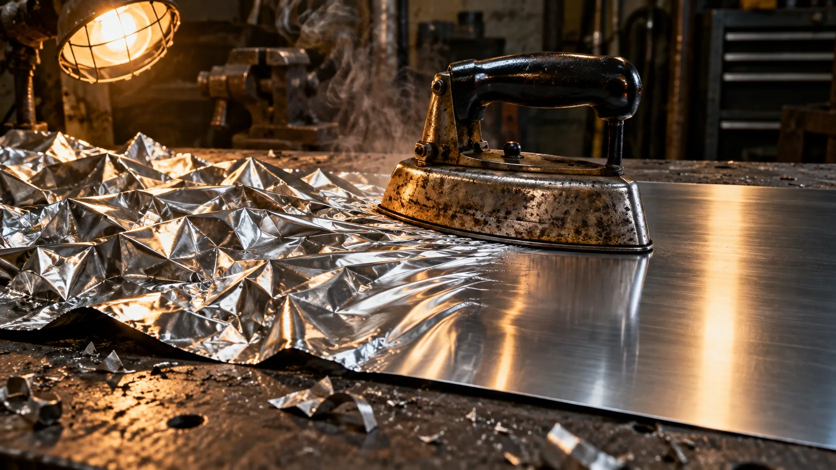 In a workshop, an old flat iron is pressing a crumpled sheet of aluminium foil into a smooth, mirror-bright plate, steam rising. The creases are not coming back.