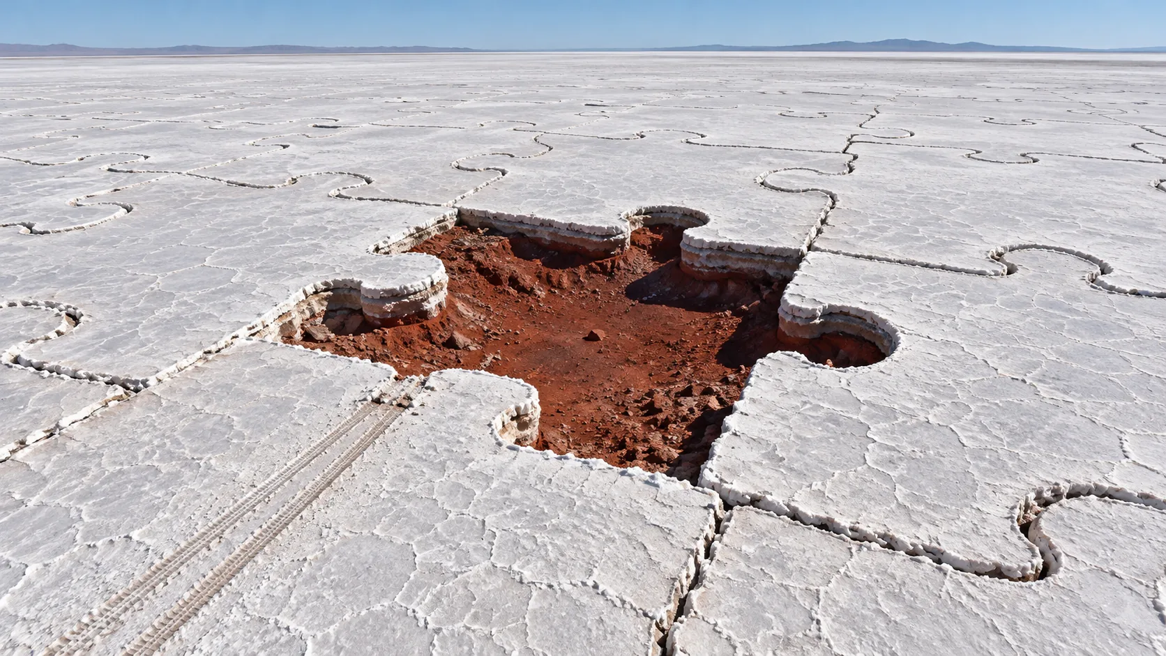 A white salt flat cracked into giant jigsaw pieces, with one piece missing to show the red earth underneath. Tyre tracks lead away from the hole.