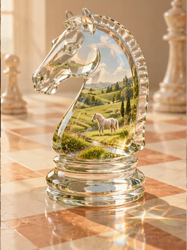 A glass chess knight on a marble board holds a green valley, with a white horse grazing inside it.