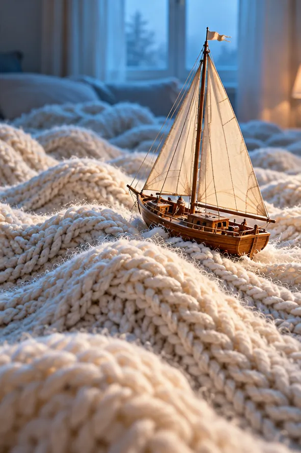 A small wooden sailboat rides the swell of a chunky knitted blanket. Calm seas expected by bedtime.