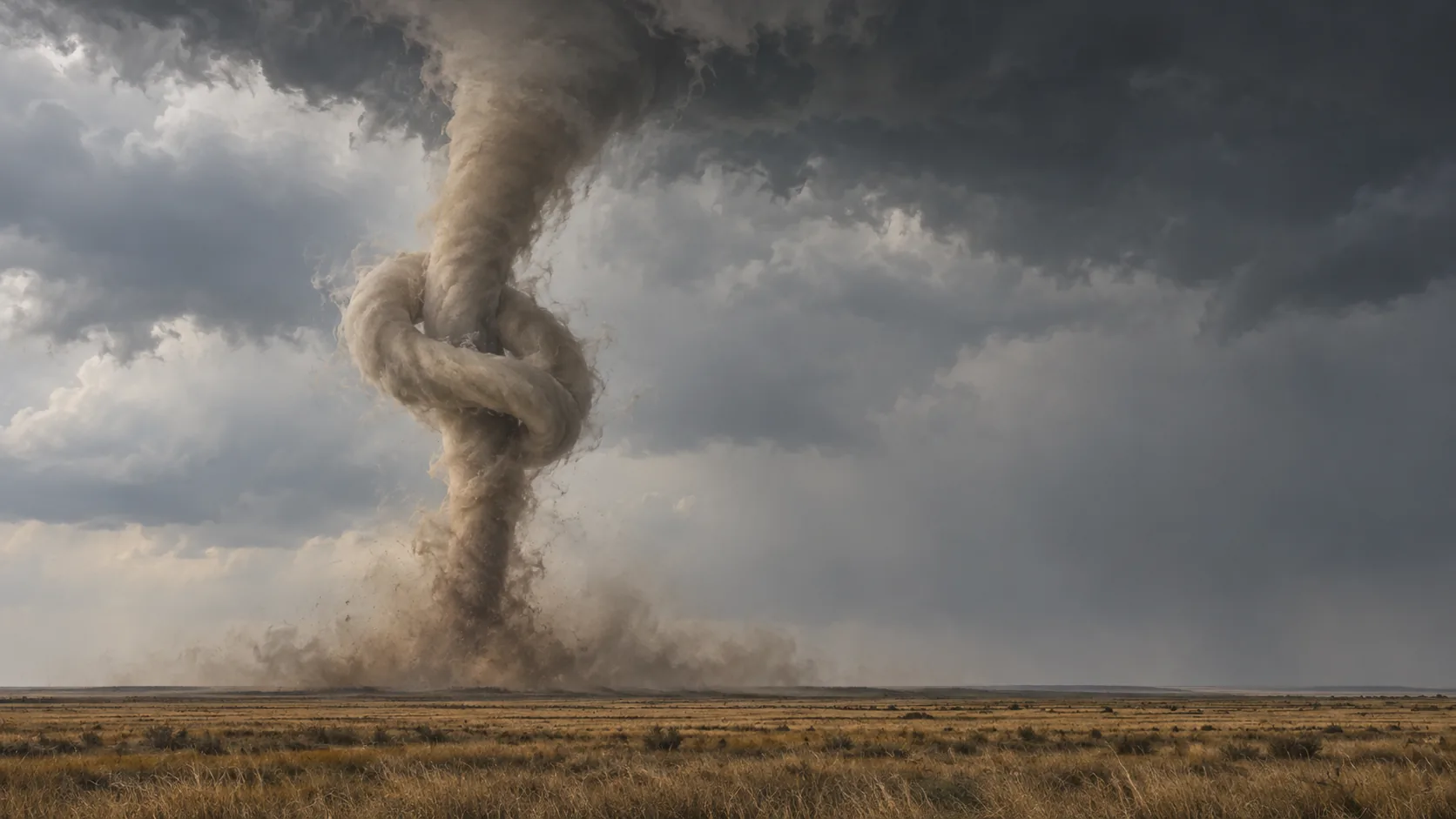 A grey tornado over flat prairie has a tight overhand knot in the middle of its funnel. The storm can’t get anywhere until someone undoes it.