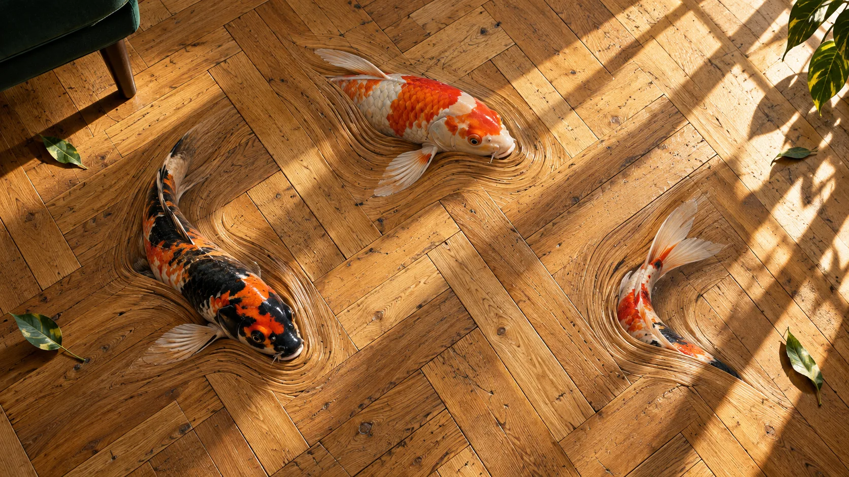 Three koi swim through a sunlit herringbone floor, leaving ripples in the wood grain as they go. Mind your step.