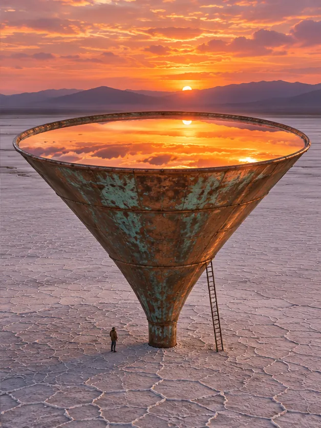 A huge copper funnel stands on a cracked salt flat, its bowl full of the sunset, with a ladder and one tiny visitor.