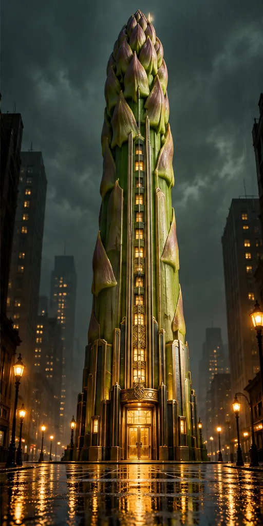 A glowing asparagus skyscraper rises over a rain-soaked city at night, lights on in every scale.
