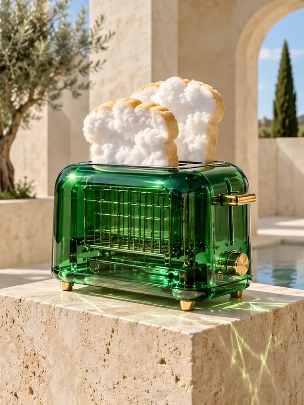 A green glass toaster on a stone plinth pops two slices of cloud. Very light. No crumbs.