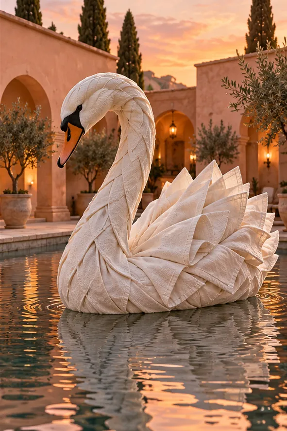 A swan folded from a white linen napkin floats on a terracotta courtyard pool at golden hour.