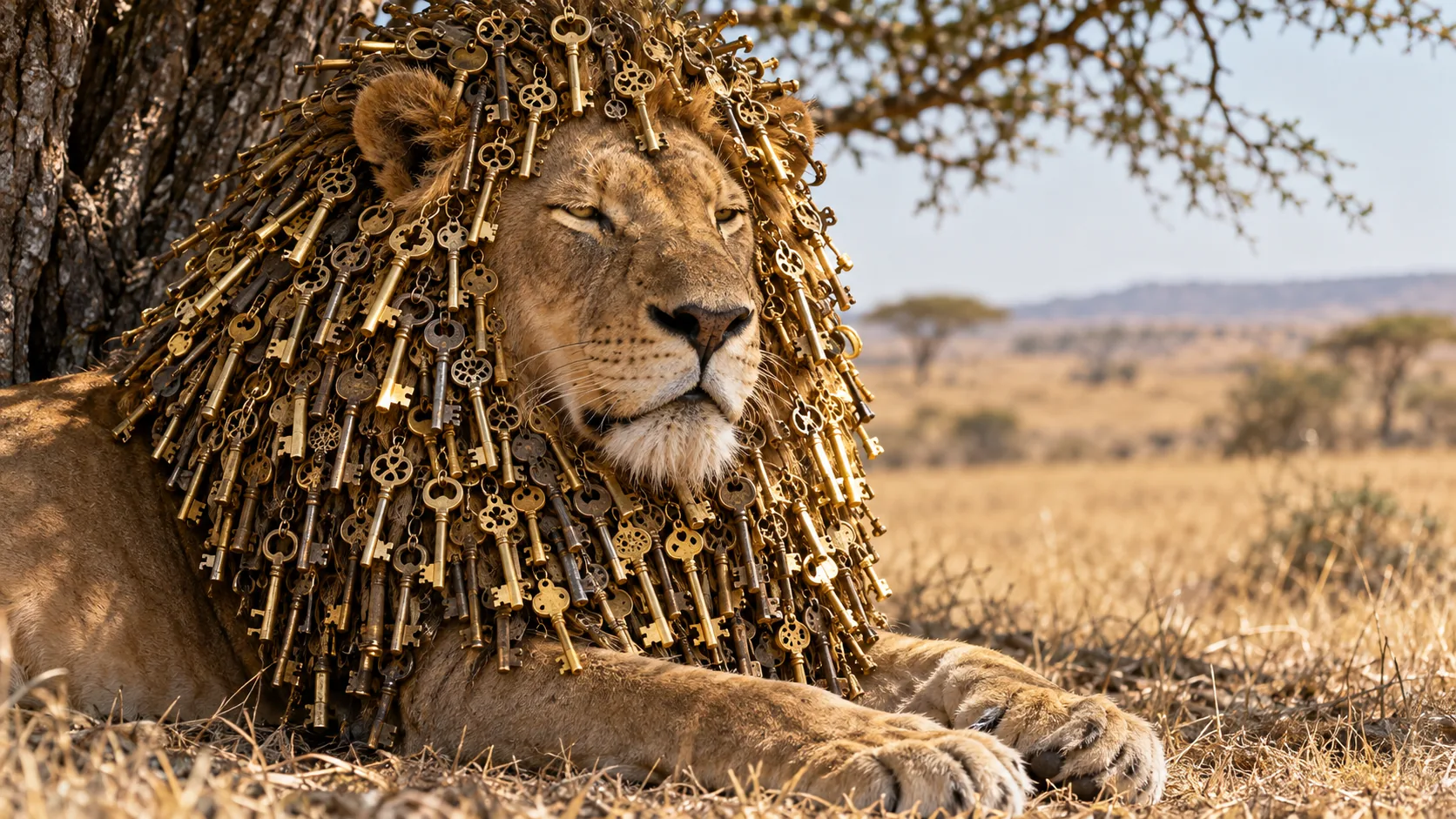 A lion rests in the shade of an acacia on the savanna, its mane made entirely of hanging brass keys. None of them are labelled.