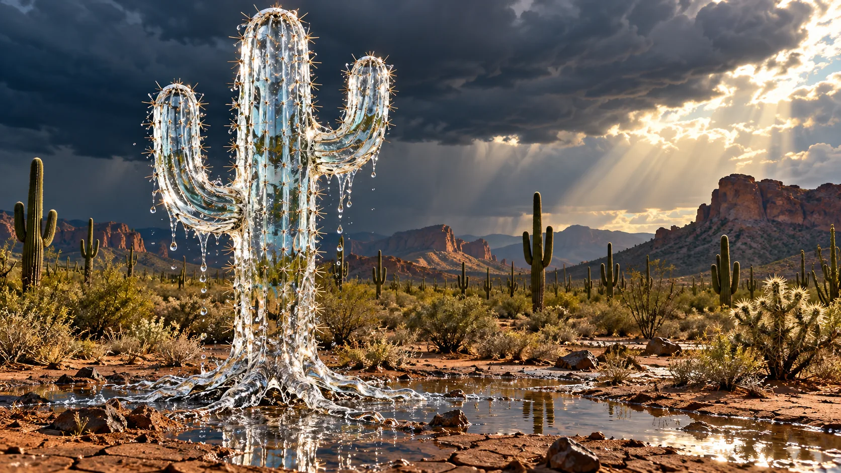 Under breaking storm clouds in a red desert, a tall saguaro cactus is made of clear running water, spines and all, pooling at its base. It finally had enough to drink.