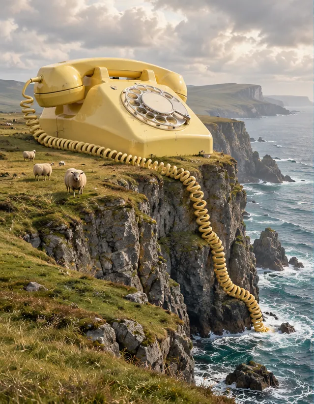 A yellow rotary phone the size of a cottage sits on a sea cliff, its cord trailing down to the waves. The sheep are not picking up.