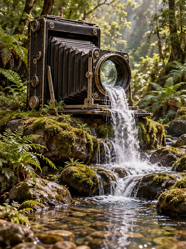 An old bellows camera sits in a forest stream, with a waterfall pouring straight out of its lens.