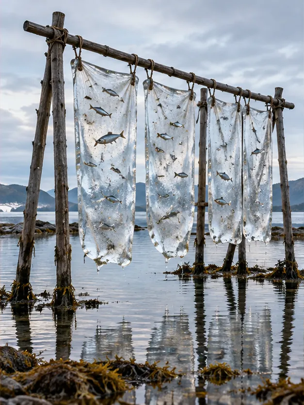 Sheer white sheets hang from driftwood poles over a still lake, each one patterned with little fish.