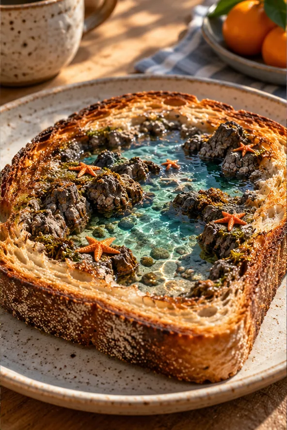 A slice of toast holds a tiny coastline: turquoise pools, dark rocks and orange starfish where the butter should be.