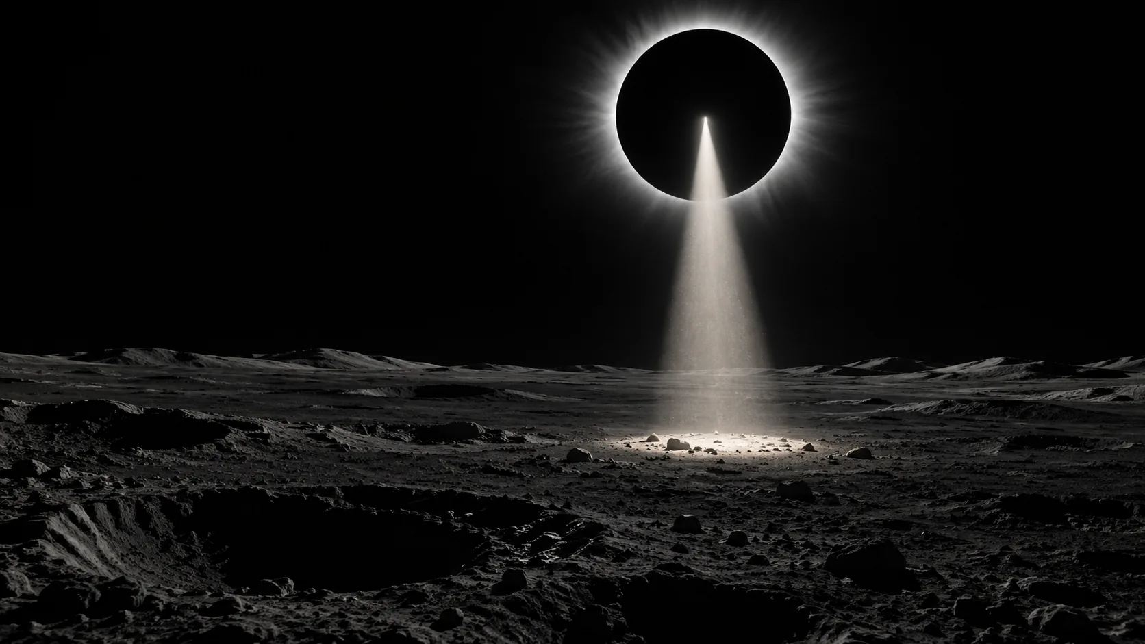 Over a grey cratered plain, an eclipse hangs in a black sky and a beam of white light shines down from its dark middle onto one spot on the ground. Something down there is about to go on.