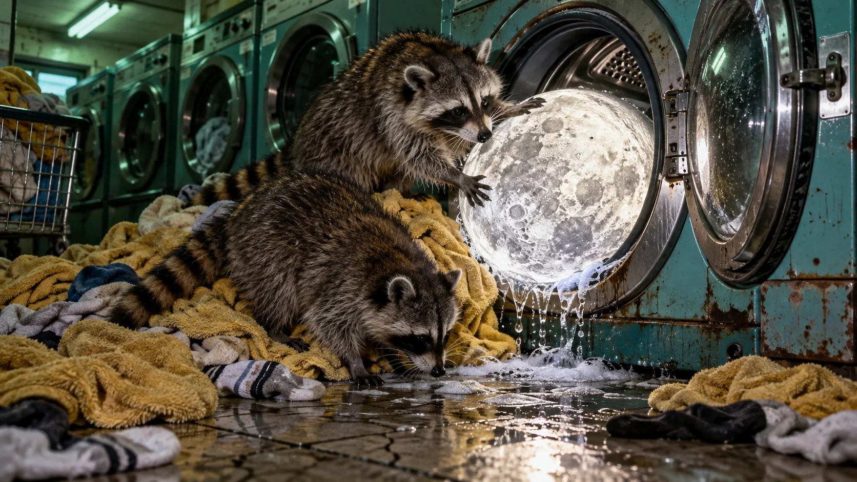 In a run-down laundromat, two raccoons pull a glowing full moon out of an open washing machine onto a heap of towels, water spilling across the floor. It came out whiter.