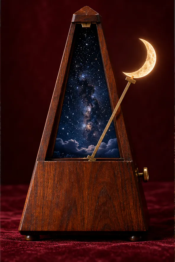 A wooden metronome holds a starry night sky, its arm tipped with a crescent moon. Set to adagio.
