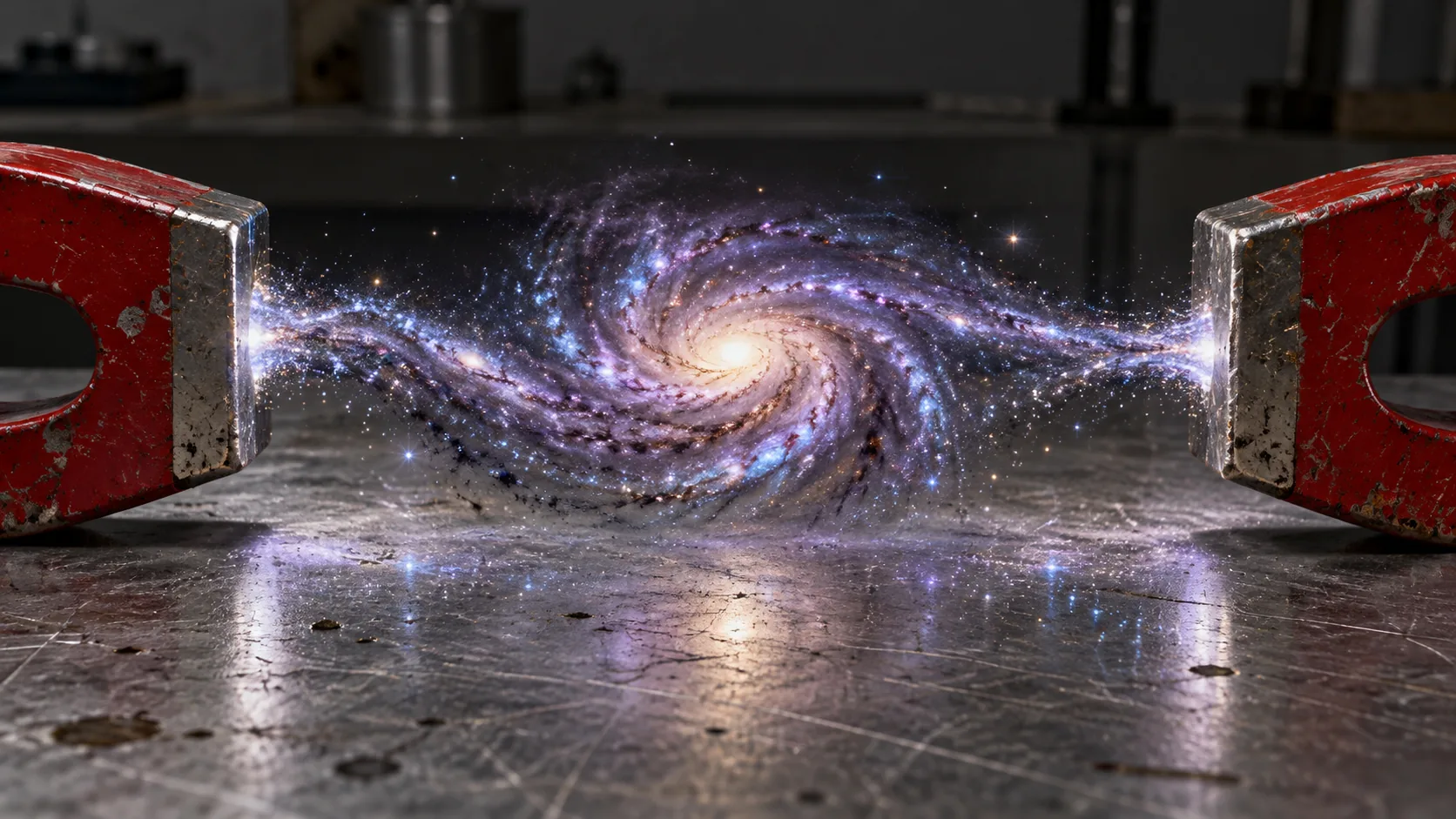 On a steel workbench, two red horseshoe magnets face each other with a spiral galaxy stretched out between their poles. Very strong magnets, or a very small galaxy.