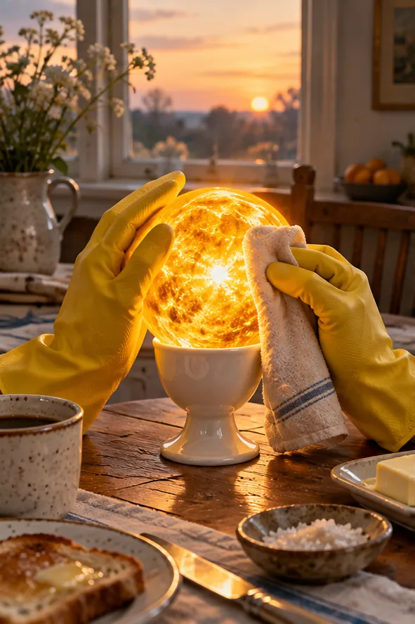 Two yellow rubber gloves polish a small glowing sun sitting in an egg cup on a breakfast table, while the real one rises through the window. Someone has to keep it shiny.