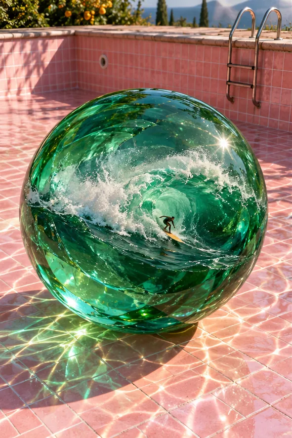 A green glass marble sits in an empty pink pool, a wave curling inside it with a surfer riding the barrel.