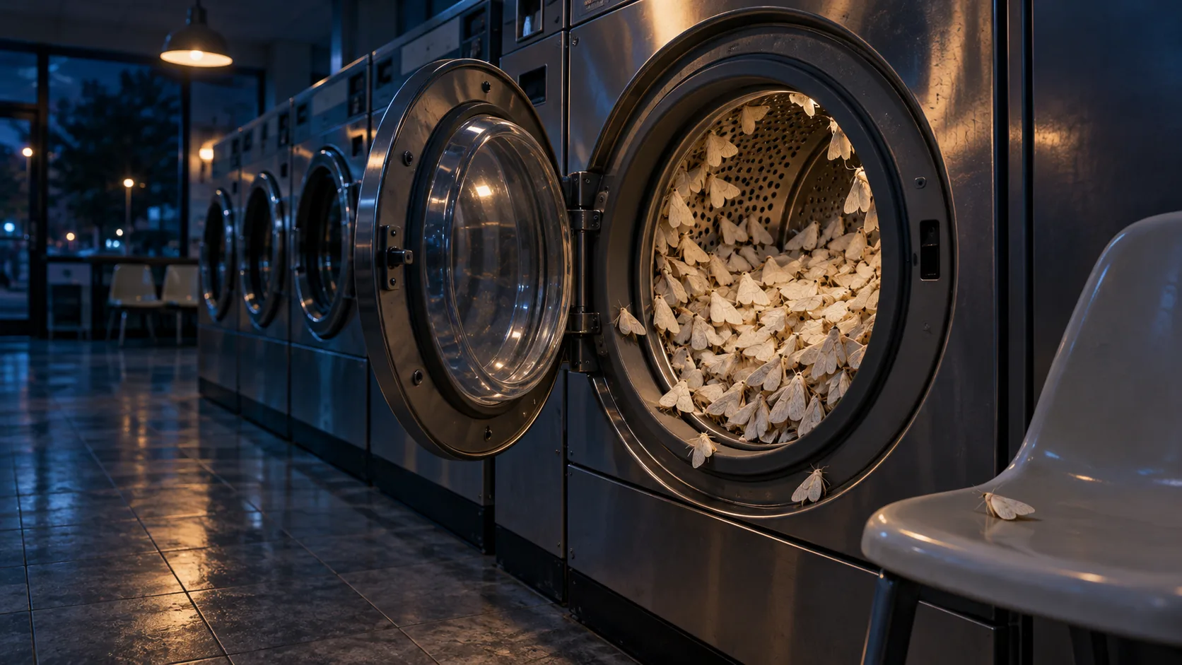 In a dark, rain-wet laundromat, one machine's door hangs open on a drum packed with pale moths, a few drifting out onto the chair beside it. Nobody has checked the pockets.