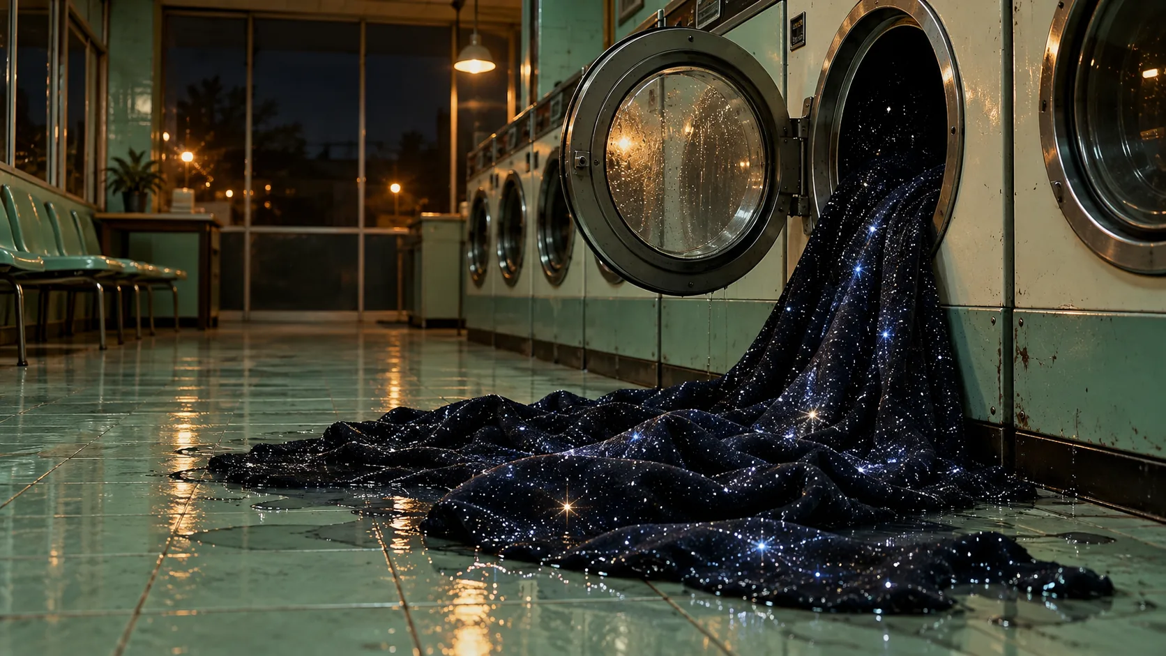 In an empty laundromat at night, a starry sky spills out of one washing machine and across the tiled floor like a heavy blanket. It came out a little shrunk.