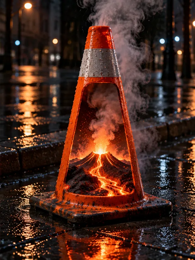 A traffic cone on a wet night street has a live volcano inside, steam rising from its tip. Please take an alternative route.