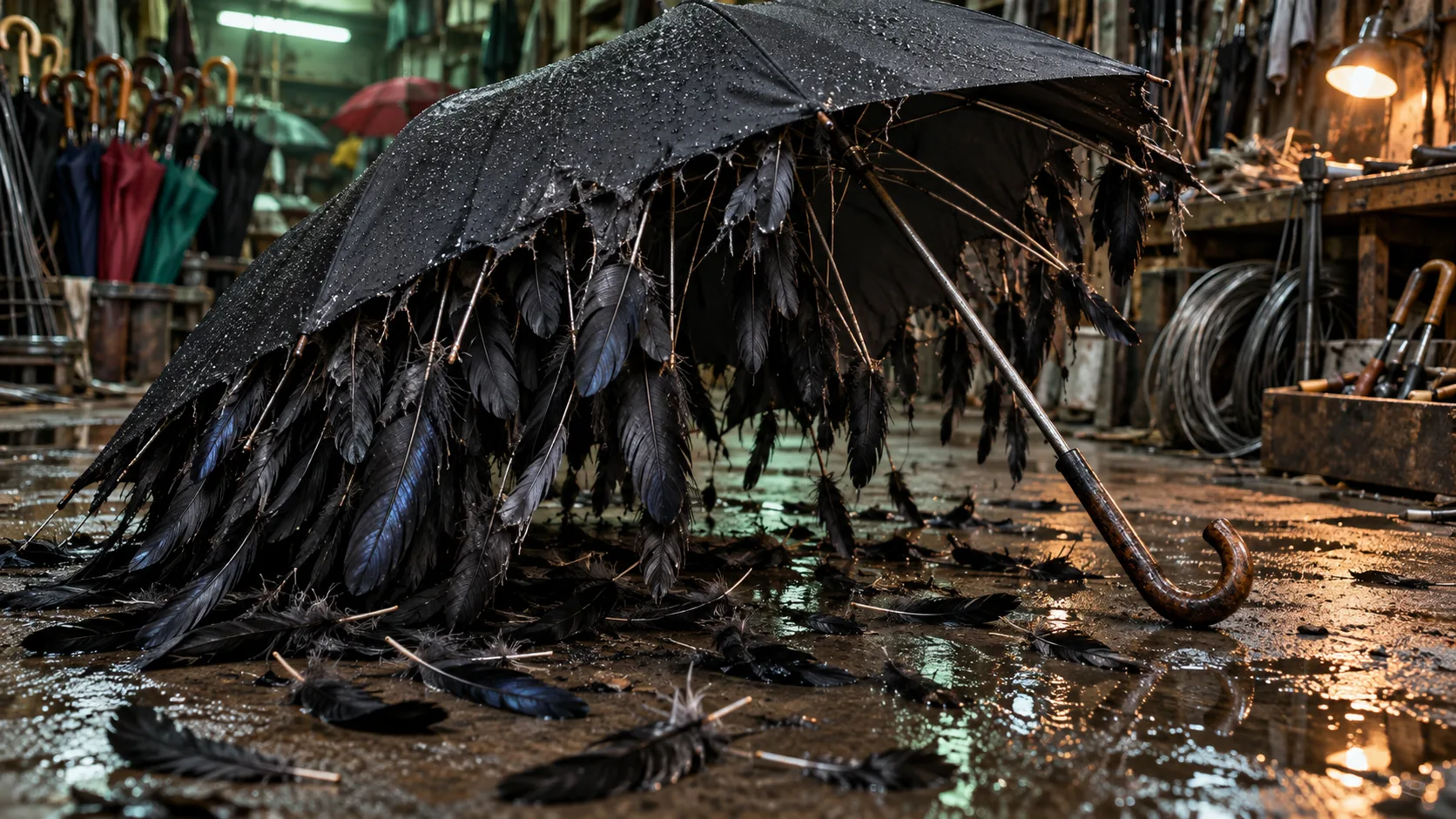 A black umbrella in a repair shop, its canopy moulting into a heap of glossy black feathers on the wet floor. Spring is a difficult time for umbrellas.
