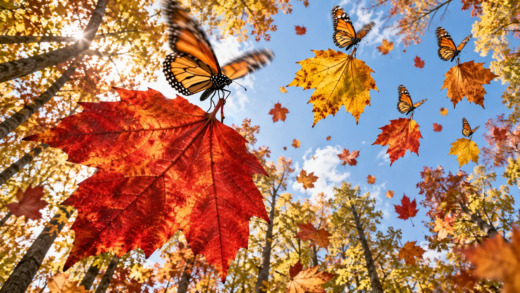 Looking up through a sunlit autumn forest, monarch butterflies carry falling red and yellow maple leaves back up into the sky. It is a lot of leaves for this many butterflies.