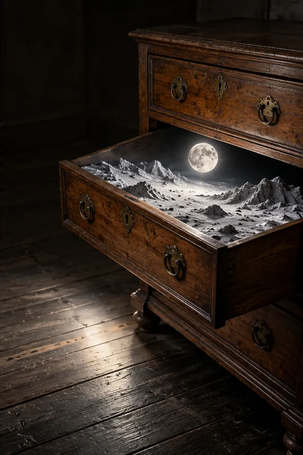 An antique chest in a dark room has one drawer open, and inside it is the surface of the moon with a full moon rising.