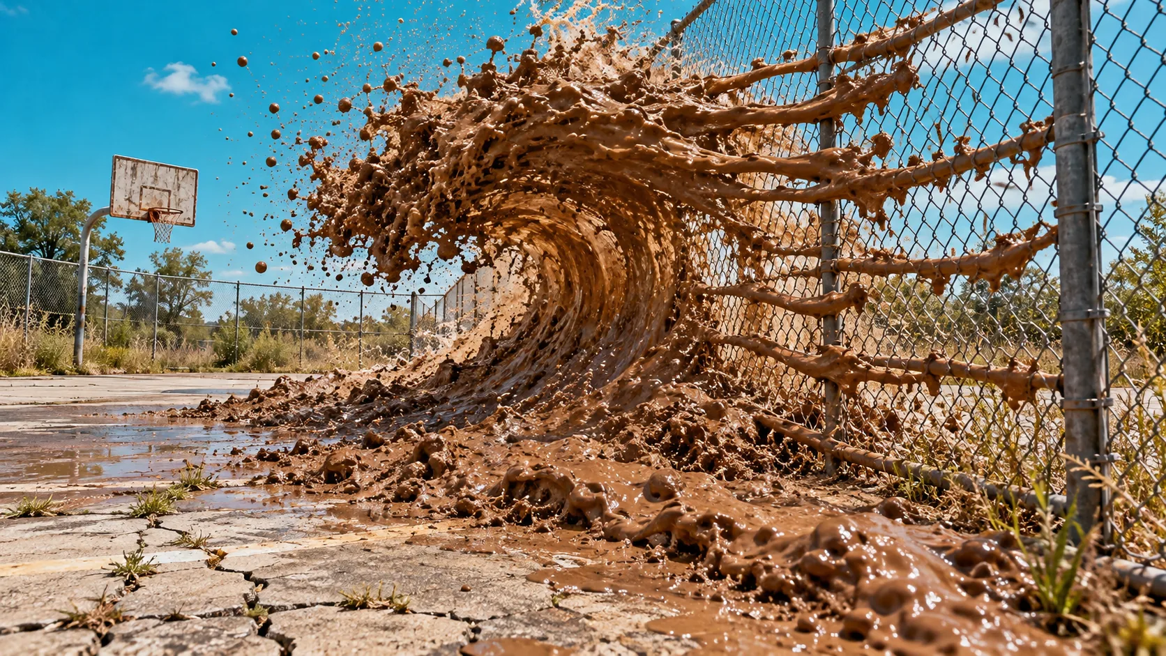 On a cracked, sunbaked basketball court, a curling wave of thick brown mud breaks through a chain-link fence mid-splash. The fence was barely built for basketballs.