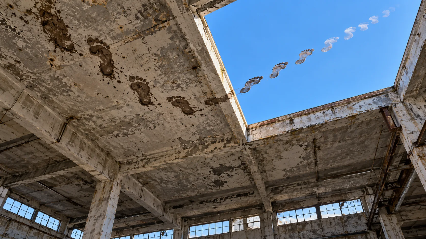 In a derelict concrete building, muddy footprints walk across the ceiling to a hole in the roof, then carry on as small white cloud prints across the blue sky. Whoever it was didn’t take the stairs.