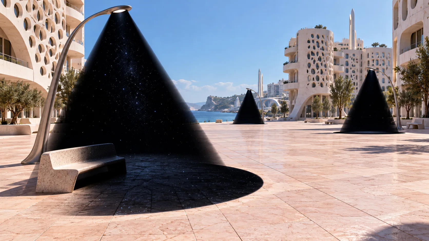 In a sunny plaza of pale curving buildings, street lamps shine tall black cones of starry night down onto the paving, one over a bench. Each lamp hands out a bit of dark.